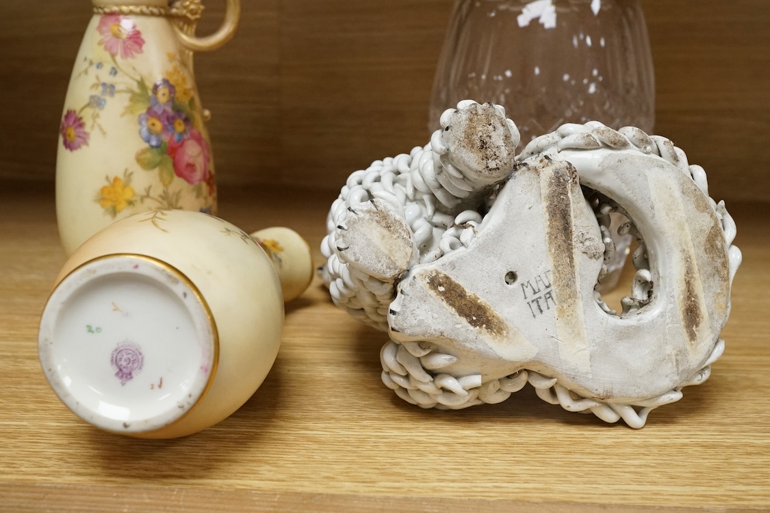 A pair of Worcester blush miniature ewers, an Italian pottery cat and a glass decanter and stopper, decanter 27cm high
